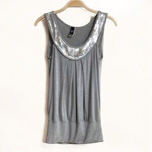 Windsor Silver Sequin Tank Top XS | Sparkly Blouse Party Banded Hem